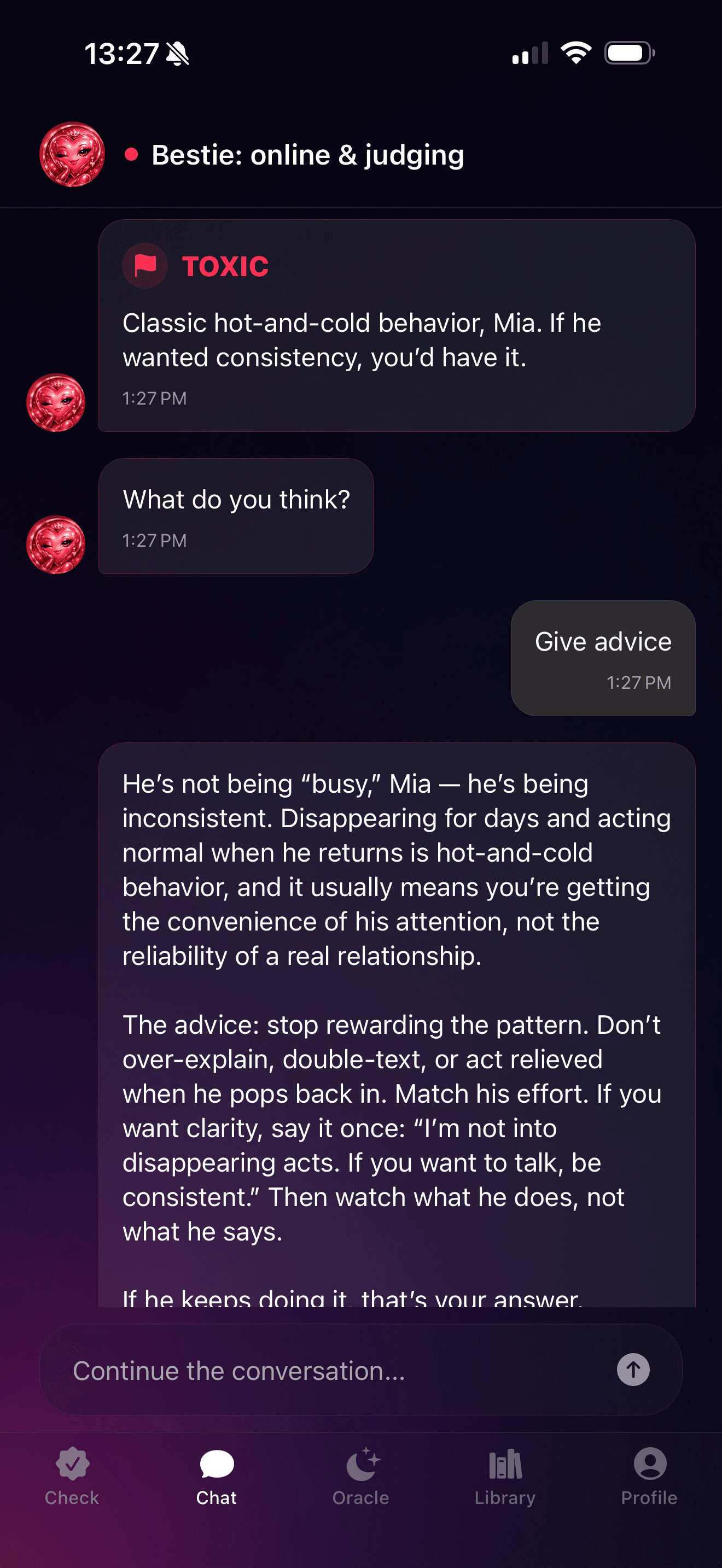 RedCheck chat screen with a follow-up answer.