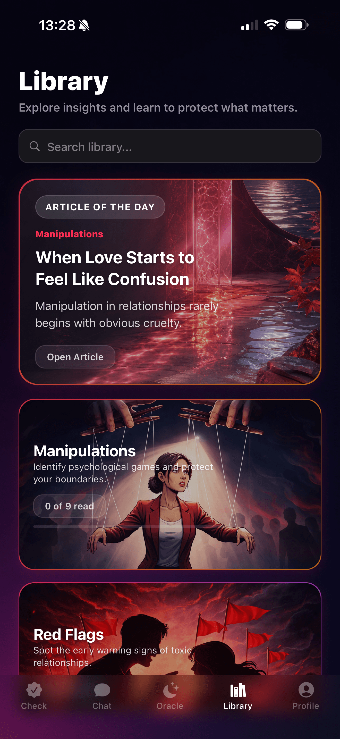 RedCheck Library screen with article cards and pattern categories.