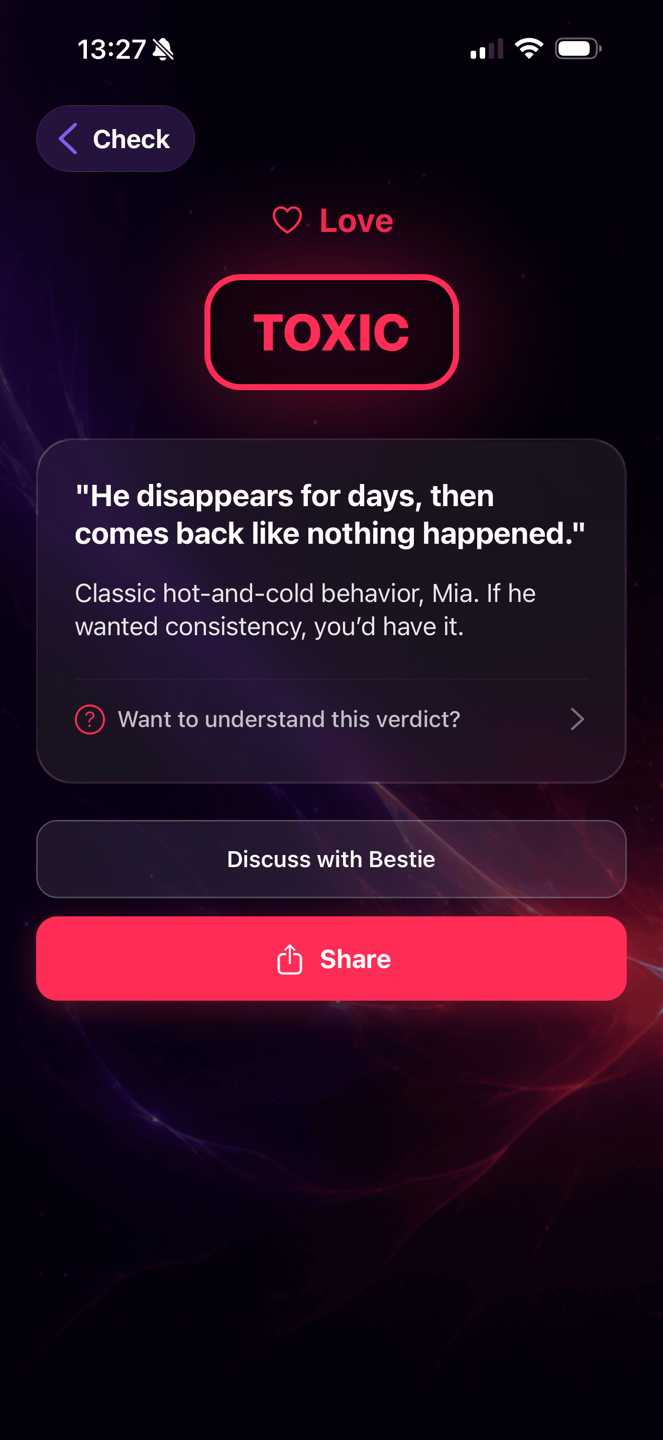 RedCheck verdict screen with a toxic relationship signal result.