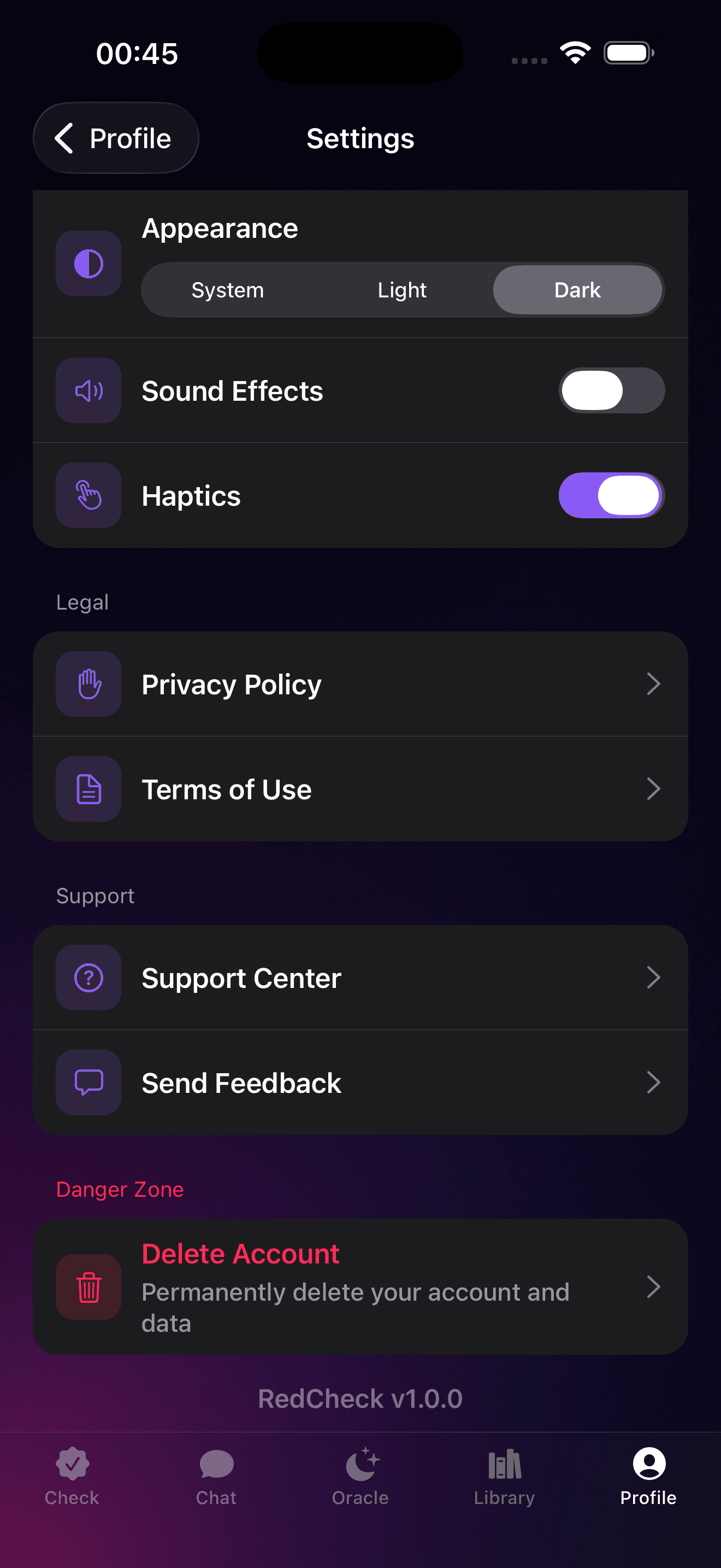 RedCheck settings screen with Support Center and account options